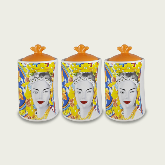 Immagine di CONFEZIONE 3 PEZZI BARATTOLI IN CERAMICA DECORO CALTAGIRONE