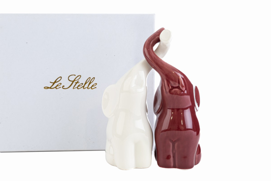 Immagine di Set 2 elefantini porcellana bianco/bordeaux c/astuccio Le Stelle Bomboniere